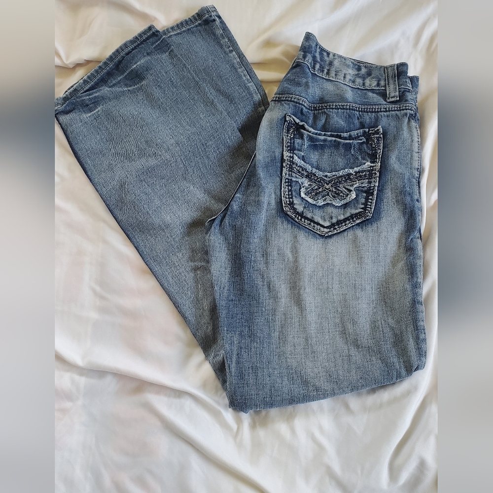 Helix Instinct Is A Virtue Distressed Blue Boot Cut Jeans, Sz 30W 32L